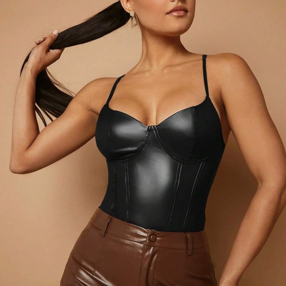 Black PU Leather Bustier Cami Bodysuit